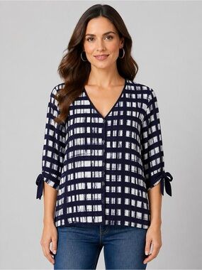 Liz McCoy Navy and White Plaid V-Neck Top